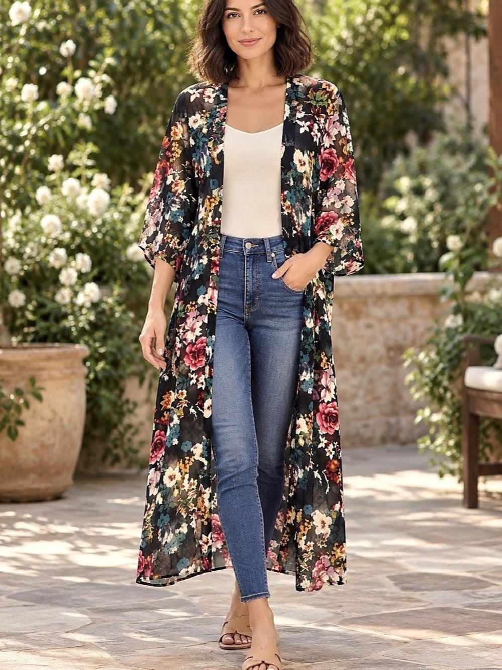 Kendall + Kylie Black Floral Maxi Duster Kimono Size M Boho